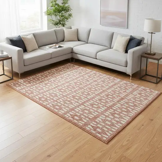 Salmon And Ivory Geometric Washable Area Rug With UV Protection Photo 2