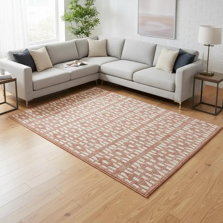 Salmon And Ivory Geometric Washable Area Rug With UV Protection Photo 2