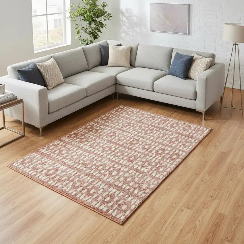 Salmon And Ivory Geometric Washable Area Rug With UV Protection Photo 2