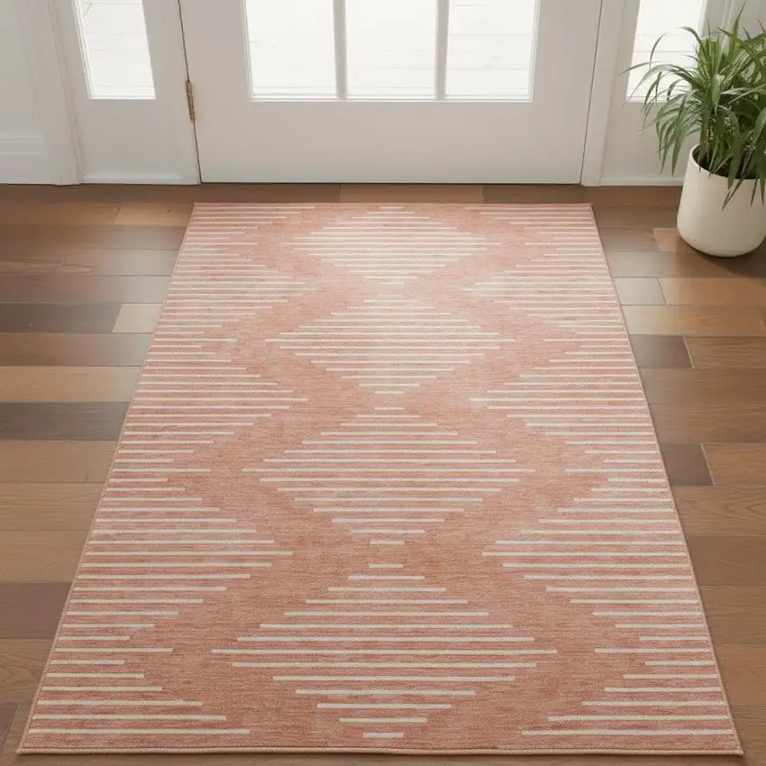 Salmon And Ivory Geometric Washable Area Rug With UV Protection Photo 2
