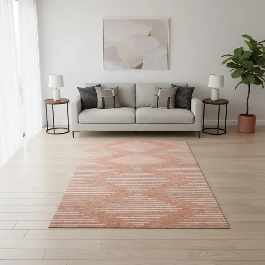 Salmon And Ivory Geometric Washable Area Rug With UV Protection Photo 2