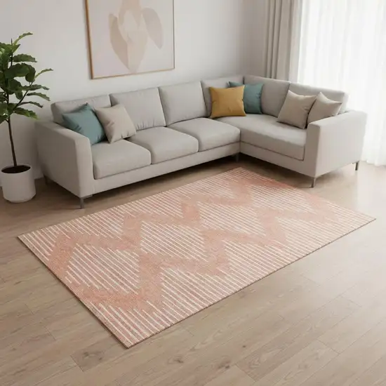 Salmon And Ivory Geometric Washable Area Rug With UV Protection Photo 2