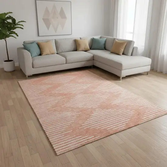 Salmon And Ivory Geometric Washable Area Rug With UV Protection Photo 2