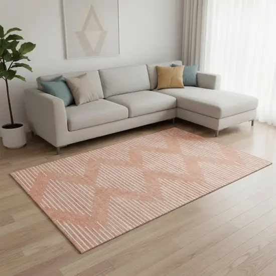 Salmon And Ivory Geometric Washable Area Rug With UV Protection Photo 2