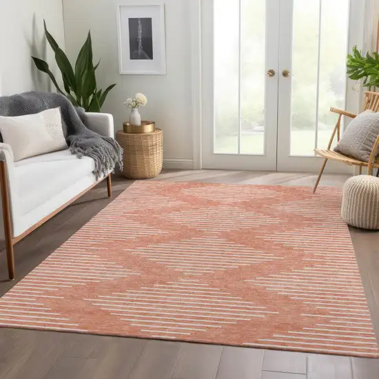 Salmon And Ivory Geometric Washable Area Rug With UV Protection Photo 5