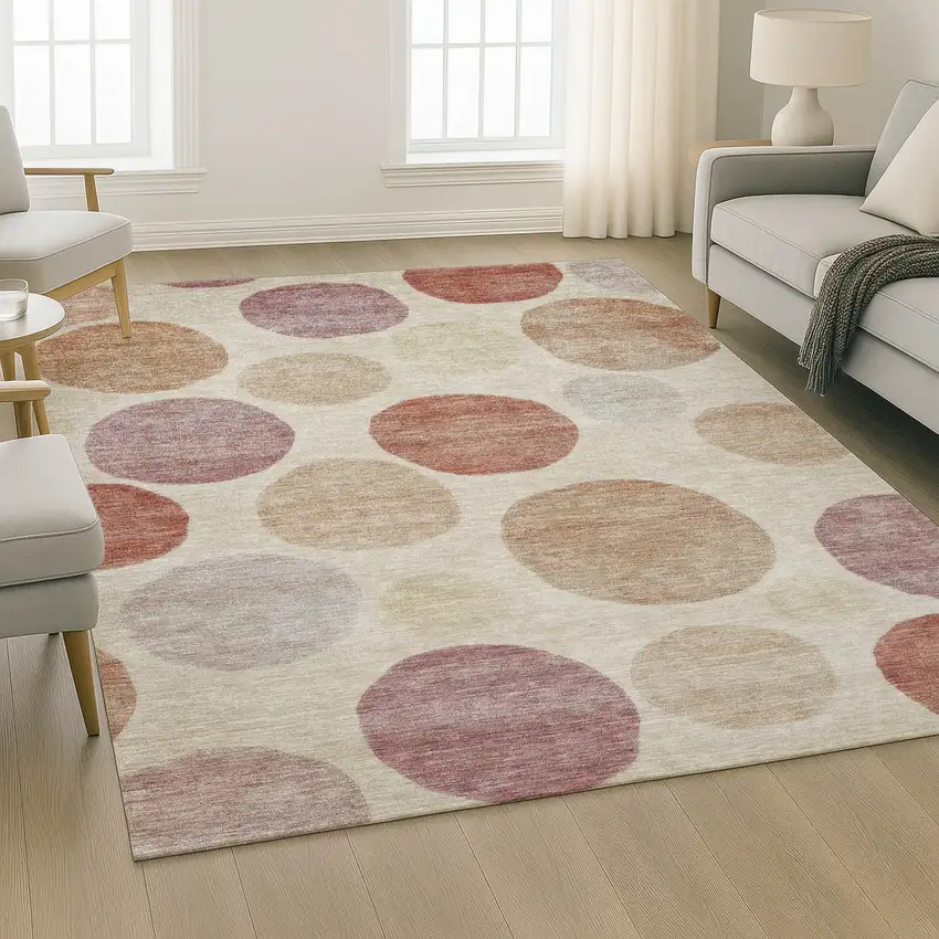 Salmon And Ivory Geometric Washable Area Rug With UV Protection Photo 6