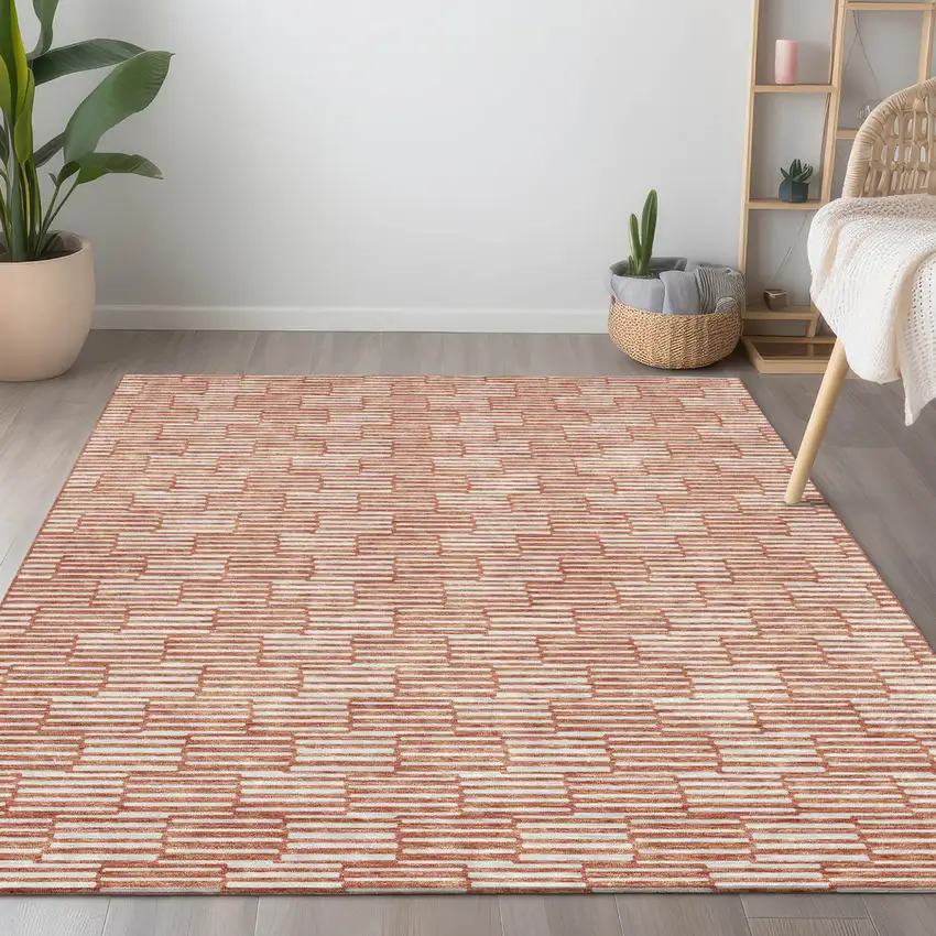 Salmon And Ivory Geometric Washable Indoor Outdoor Area Rug Photo 9