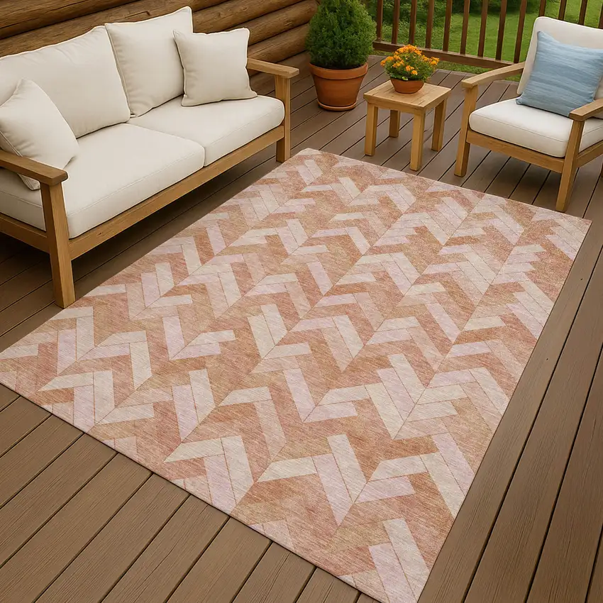 Salmon And Ivory Geometric Washable Indoor Outdoor Area Rug Photo 9