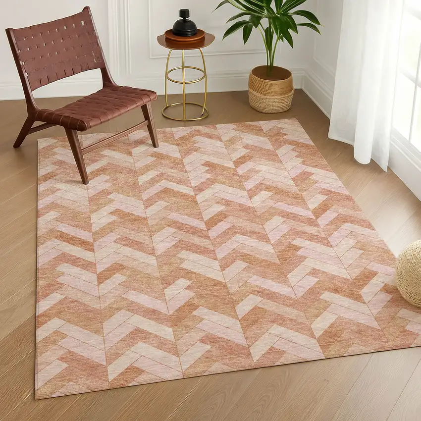 Salmon And Ivory Geometric Washable Indoor Outdoor Area Rug Photo 9