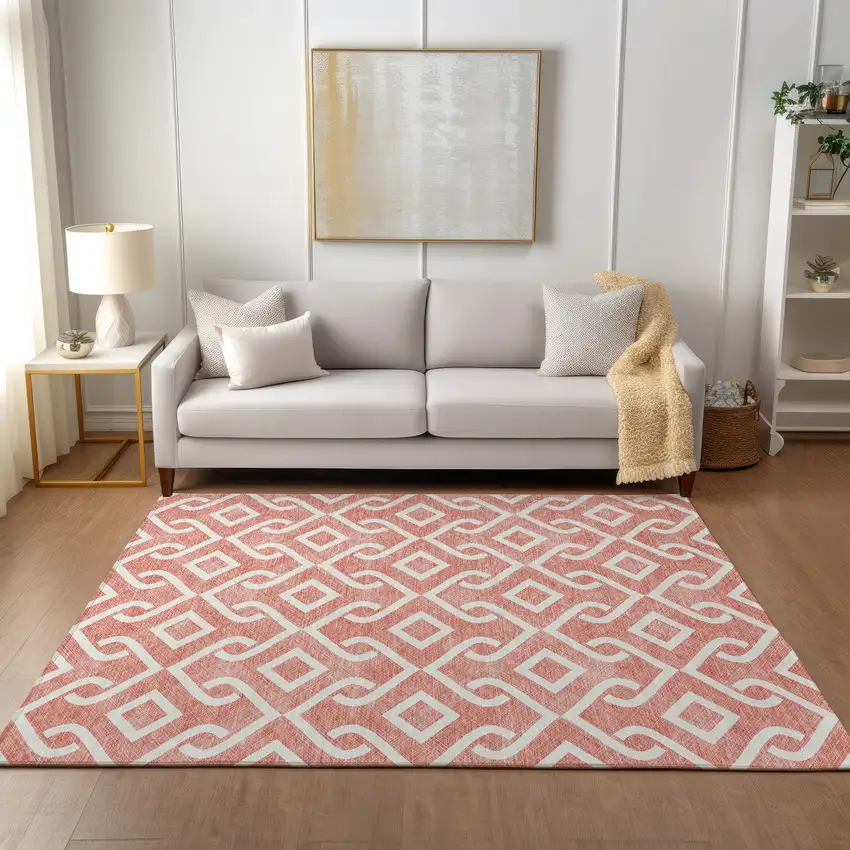Salmon And Ivory Geometric Washable Indoor Outdoor Area Rug Photo 8