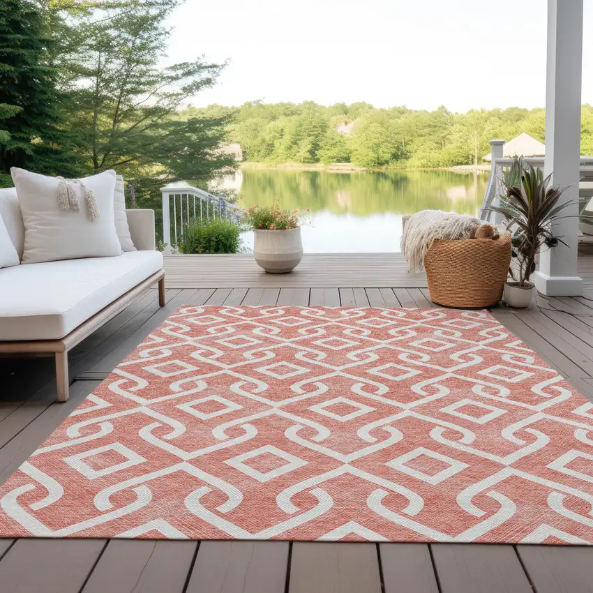Salmon And Ivory Geometric Washable Indoor Outdoor Area Rug Photo 7
