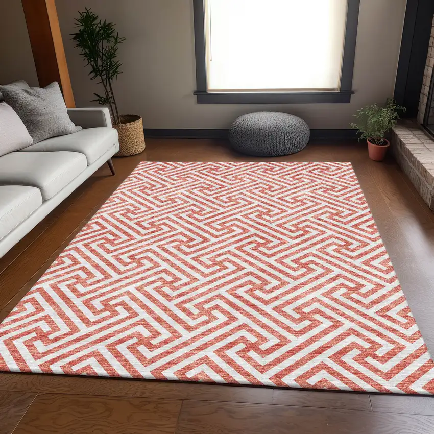 Salmon And Ivory Geometric Washable Indoor Outdoor Area Rug Photo 9