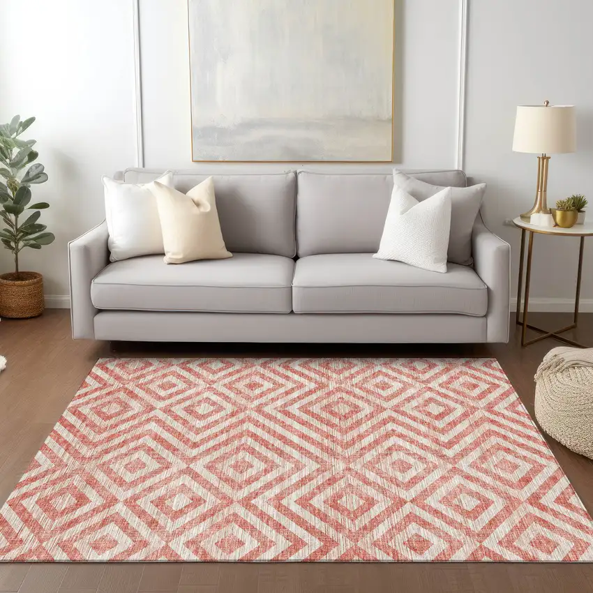 Salmon And Ivory Geometric Washable Indoor Outdoor Area Rug Photo 9