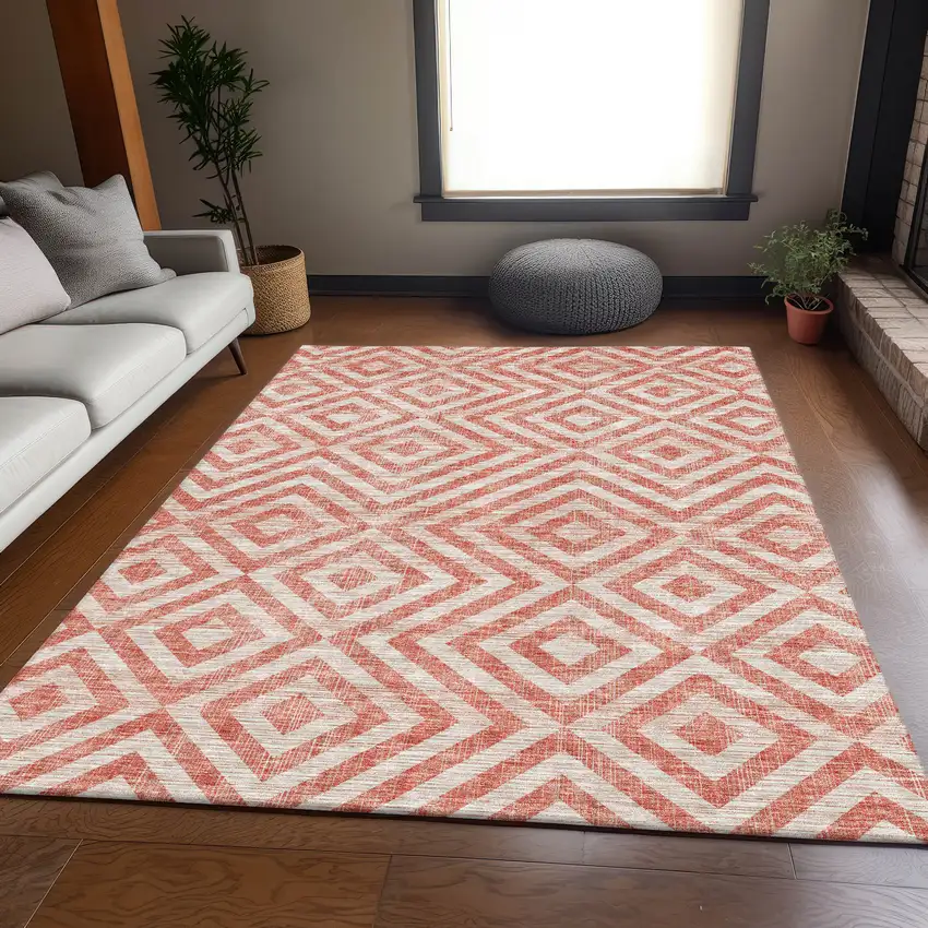 Salmon And Ivory Geometric Washable Indoor Outdoor Area Rug Photo 8