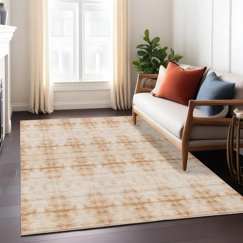 Salmon And Ivory Geometric Washable Indoor Outdoor Area Rug Photo 9