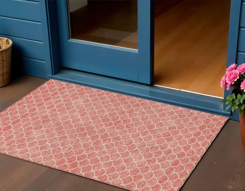 Salmon And Ivory Geometric Washable Indoor Outdoor Area Rug Photo 1
