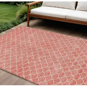 Photo of Salmon And Ivory Geometric Washable Indoor Outdoor Area Rug