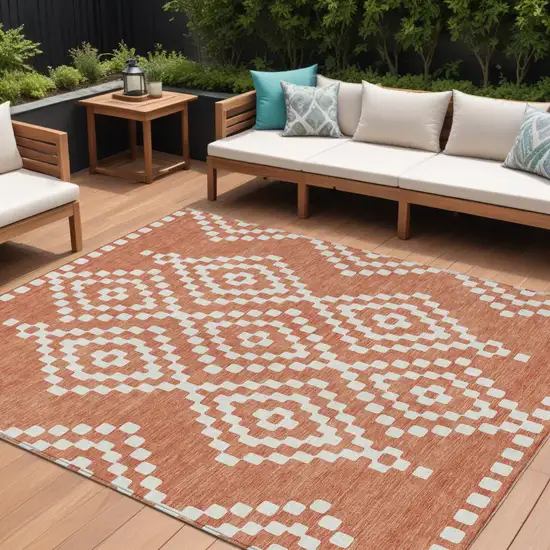 Salmon And Ivory Geometric Washable Indoor Outdoor Area Rug Photo 1