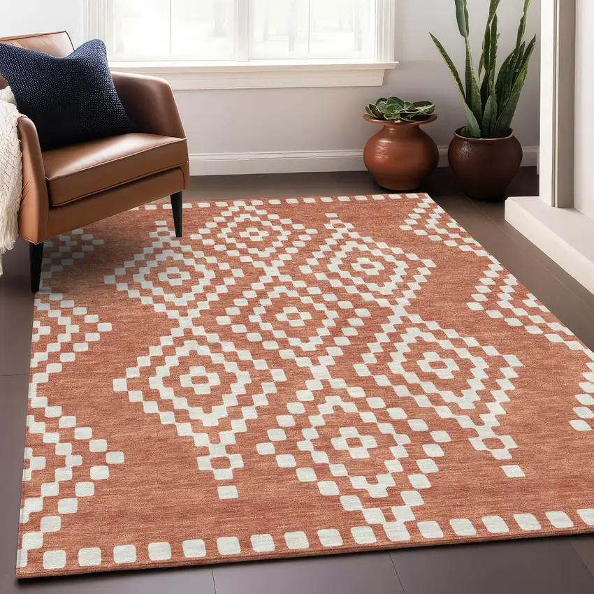 Salmon And Ivory Geometric Washable Indoor Outdoor Area Rug Photo 9
