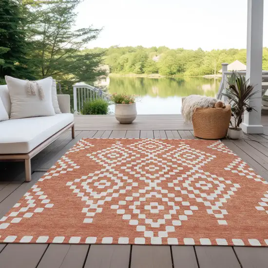 Salmon And Ivory Geometric Washable Indoor Outdoor Area Rug Photo 9