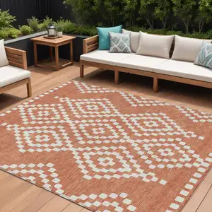 Photo of Salmon And Ivory Geometric Washable Indoor Outdoor Area Rug