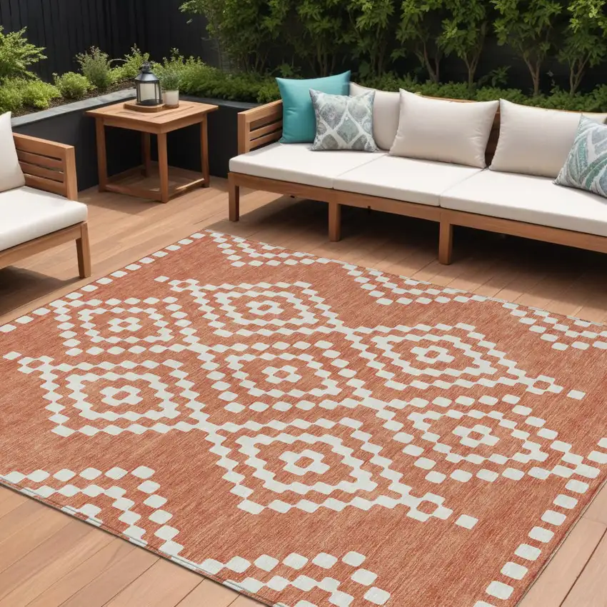 Salmon And Ivory Geometric Washable Indoor Outdoor Area Rug Photo 1