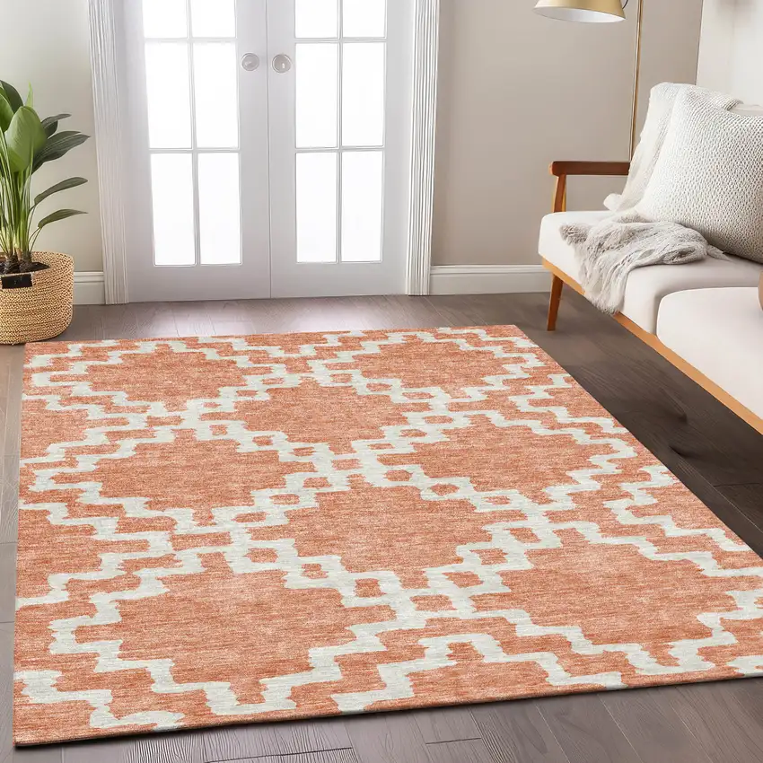 Salmon And Ivory Geometric Washable Indoor Outdoor Area Rug Photo 8