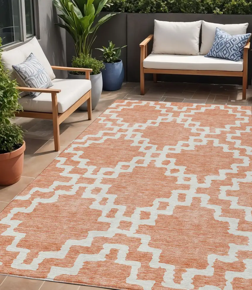 Salmon And Ivory Geometric Washable Indoor Outdoor Area Rug Photo 1