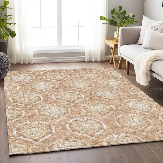 Salmon And Ivory Medallion Washable Area Rug With UV Protection Photo 6