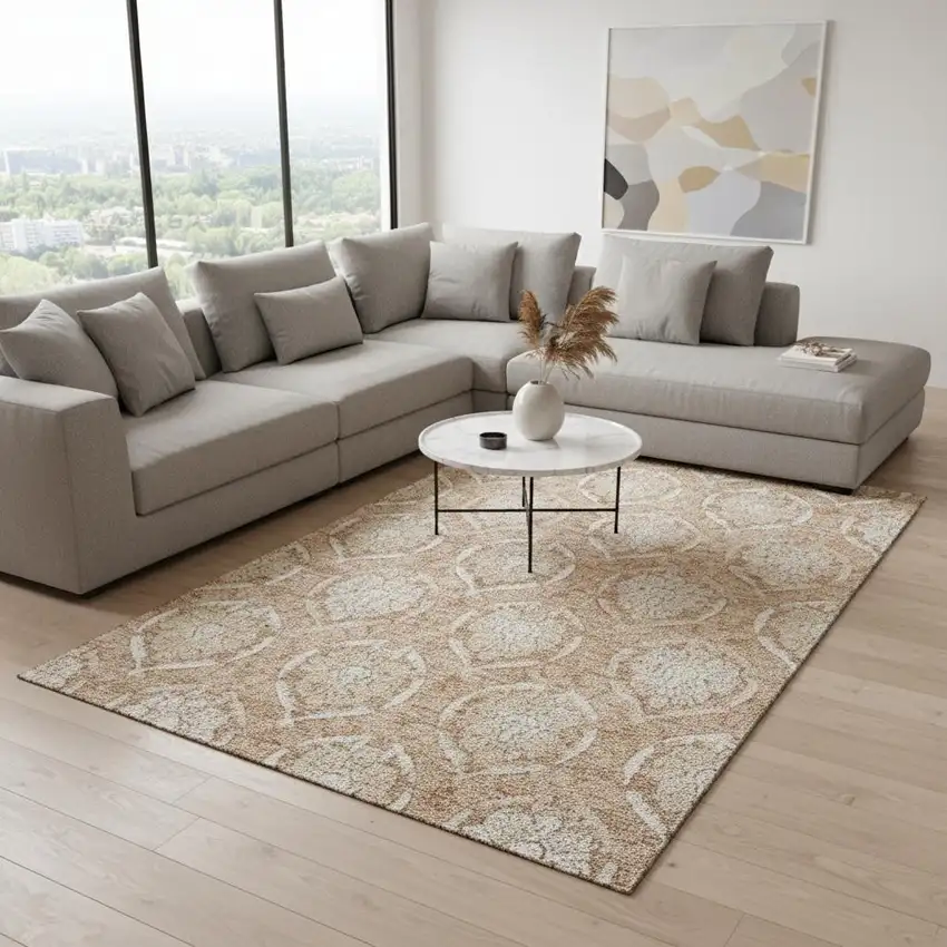 Salmon And Ivory Medallion Washable Area Rug With UV Protection Photo 2