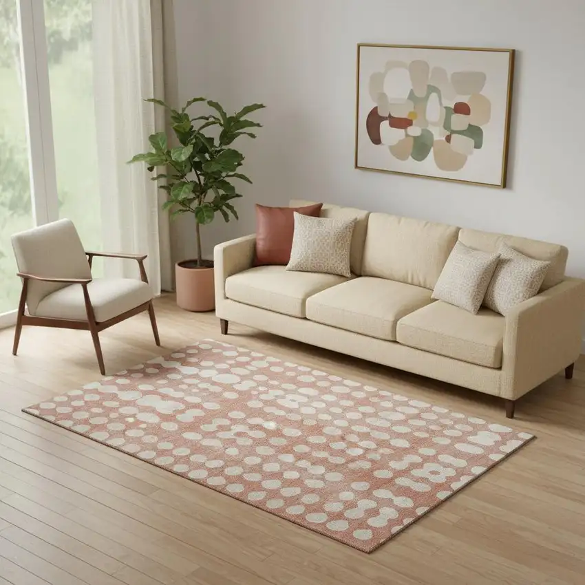 Salmon And Ivory Polka Dot Washable Area Rug With UV Protection Photo 1