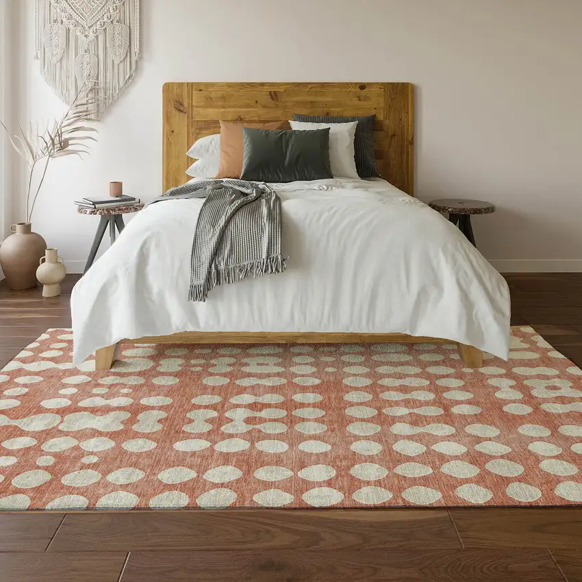 Salmon And Ivory Polka Dot Washable Area Rug With UV Protection Photo 6