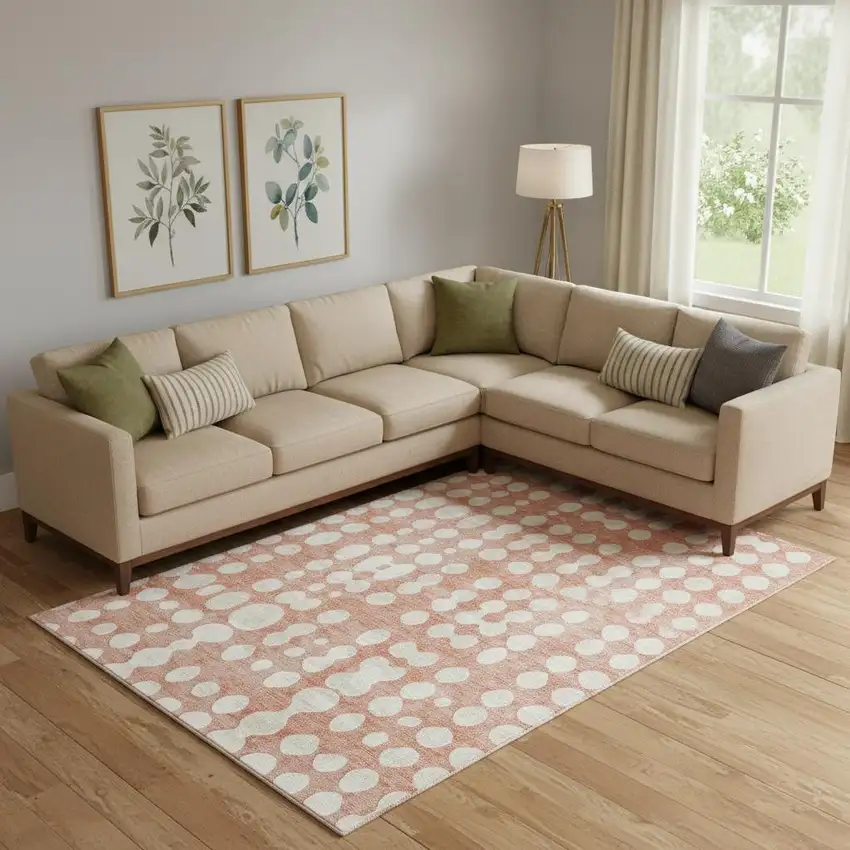 Salmon And Ivory Polka Dot Washable Area Rug With UV Protection Photo 1