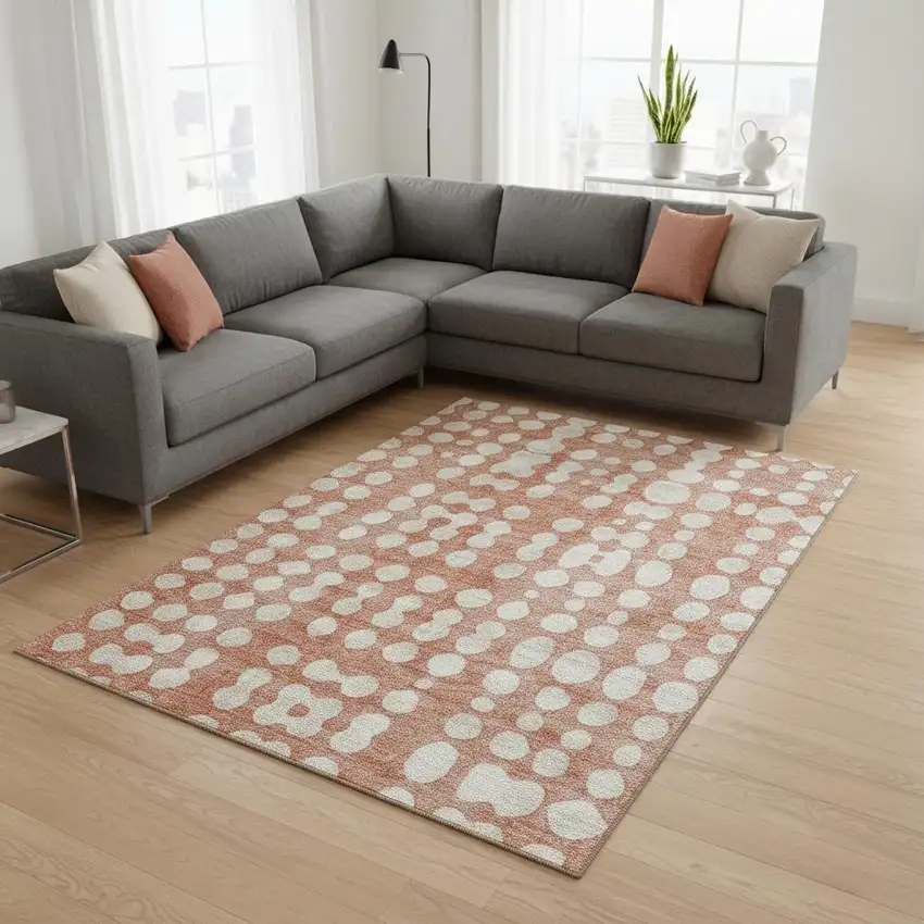 Salmon And Ivory Polka Dot Washable Area Rug With UV Protection Photo 2