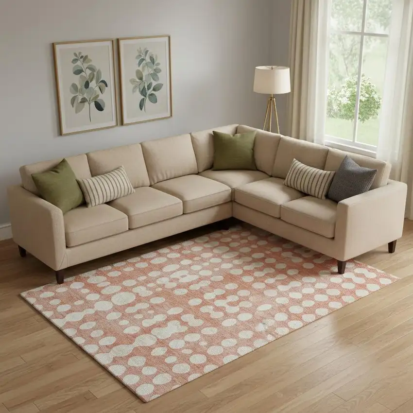 Salmon And Ivory Polka Dot Washable Area Rug With UV Protection Photo 1