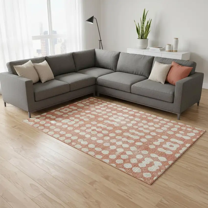 Salmon And Ivory Polka Dot Washable Area Rug With UV Protection Photo 2