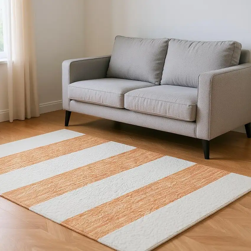 Salmon And Ivory Striped Washable Area Rug With UV Protection Photo 2