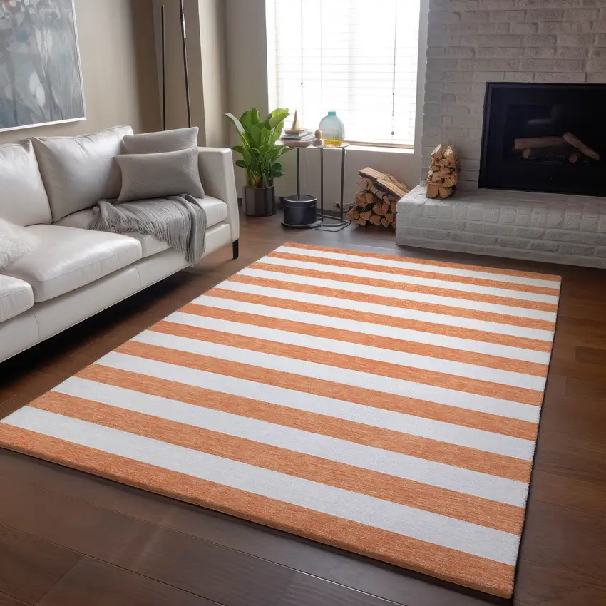 Salmon And Ivory Striped Washable Area Rug With UV Protection Photo 4