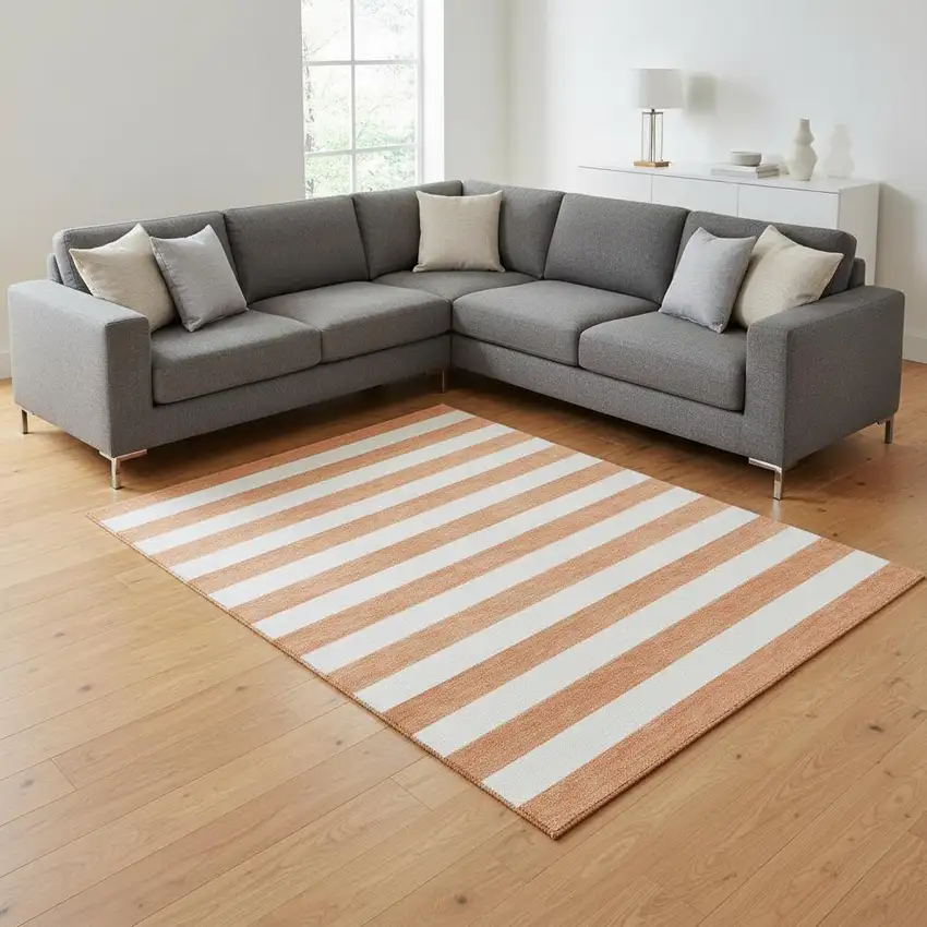 Salmon And Ivory Striped Washable Area Rug With UV Protection Photo 1