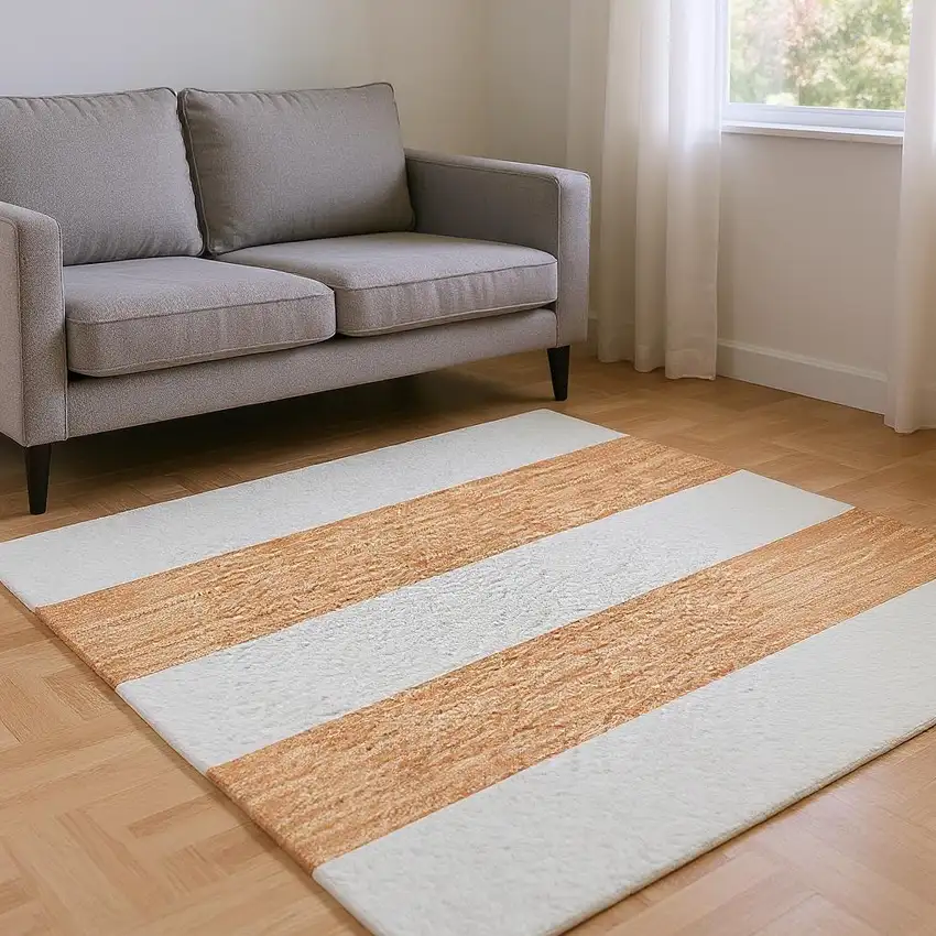 Salmon And Ivory Striped Washable Area Rug With UV Protection Photo 2