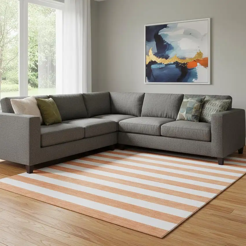 Salmon And Ivory Striped Washable Area Rug With UV Protection Photo 1