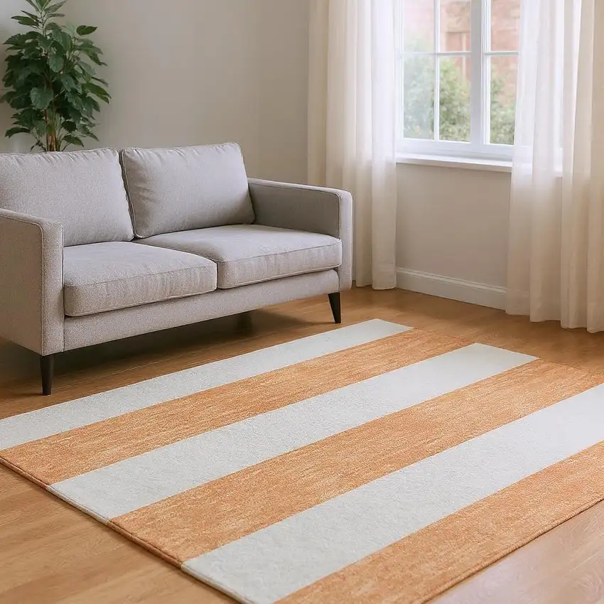 Salmon And Ivory Striped Washable Area Rug With UV Protection Photo 2