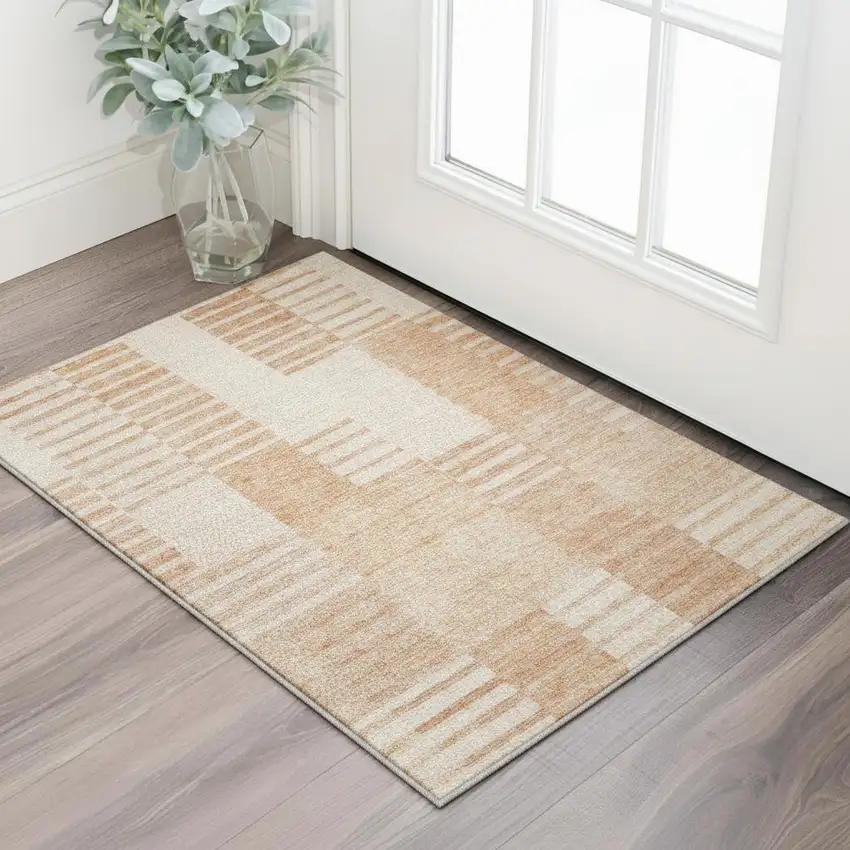 Salmon And Ivory Striped Washable Area Rug With UV Protection Photo 3