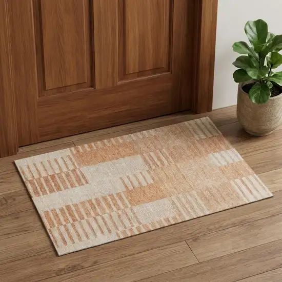 Salmon And Ivory Striped Washable Area Rug With UV Protection Photo 1