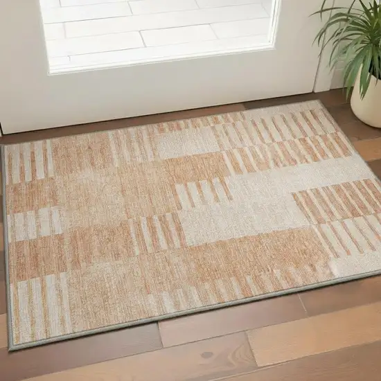 Salmon And Ivory Striped Washable Area Rug With UV Protection Photo 2