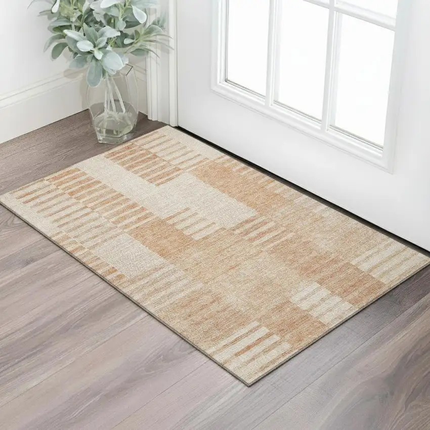 Salmon And Ivory Striped Washable Area Rug With UV Protection Photo 1