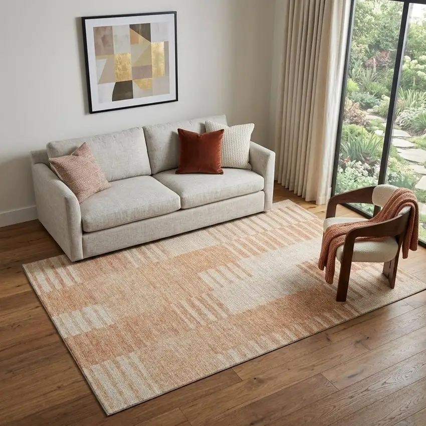 Salmon And Ivory Striped Washable Area Rug With UV Protection Photo 1