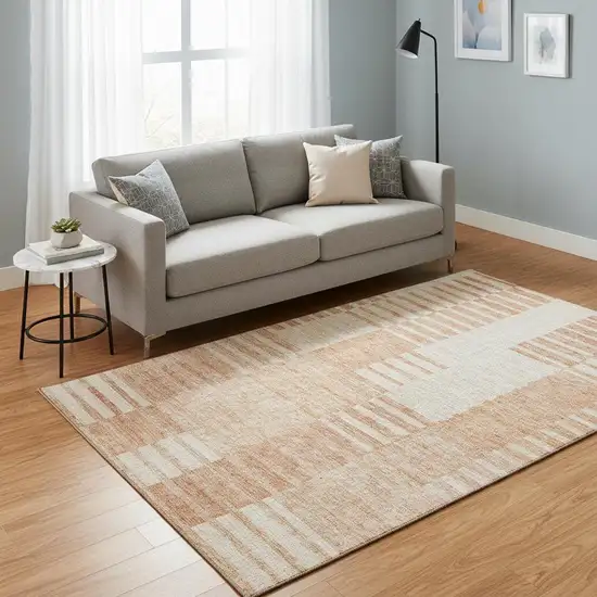 Salmon And Ivory Striped Washable Area Rug With UV Protection Photo 1