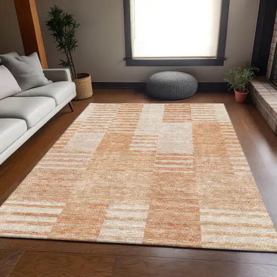 Salmon And Ivory Striped Washable Area Rug With UV Protection Photo 4