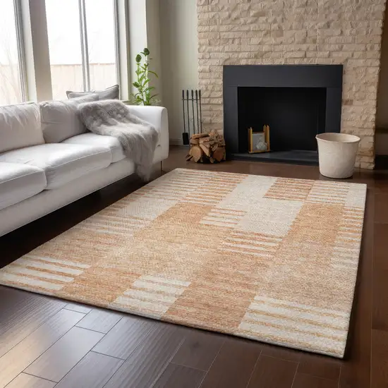Salmon And Ivory Striped Washable Area Rug With UV Protection Photo 5